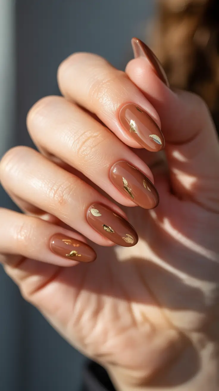 Fall Nail Colors for Fair Skin 2025 – Caramel Brown With Golden Flecks