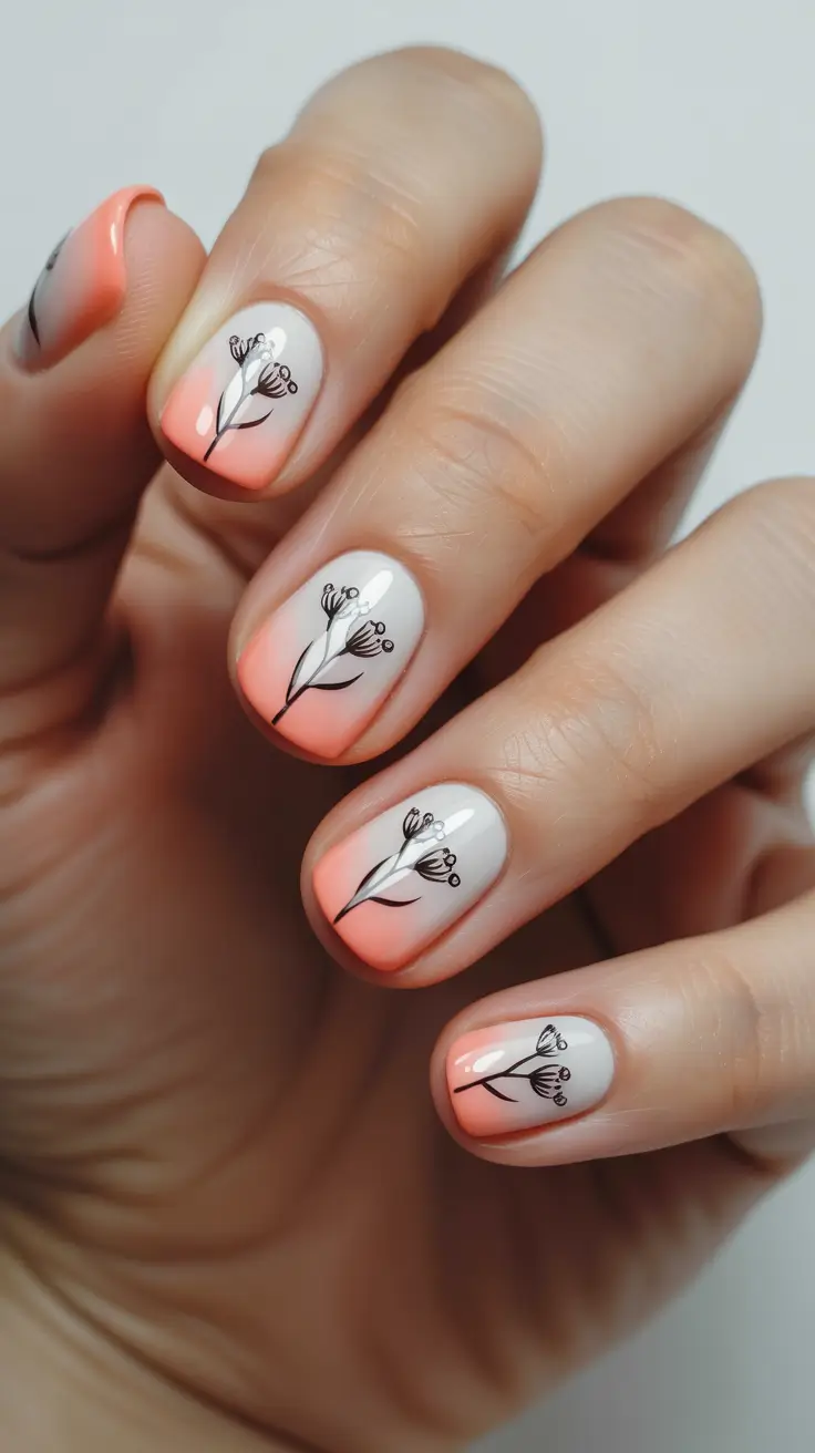 Fall Nail Colors for Fair Skin 2025 – Soft Gradient With Floral Line Art