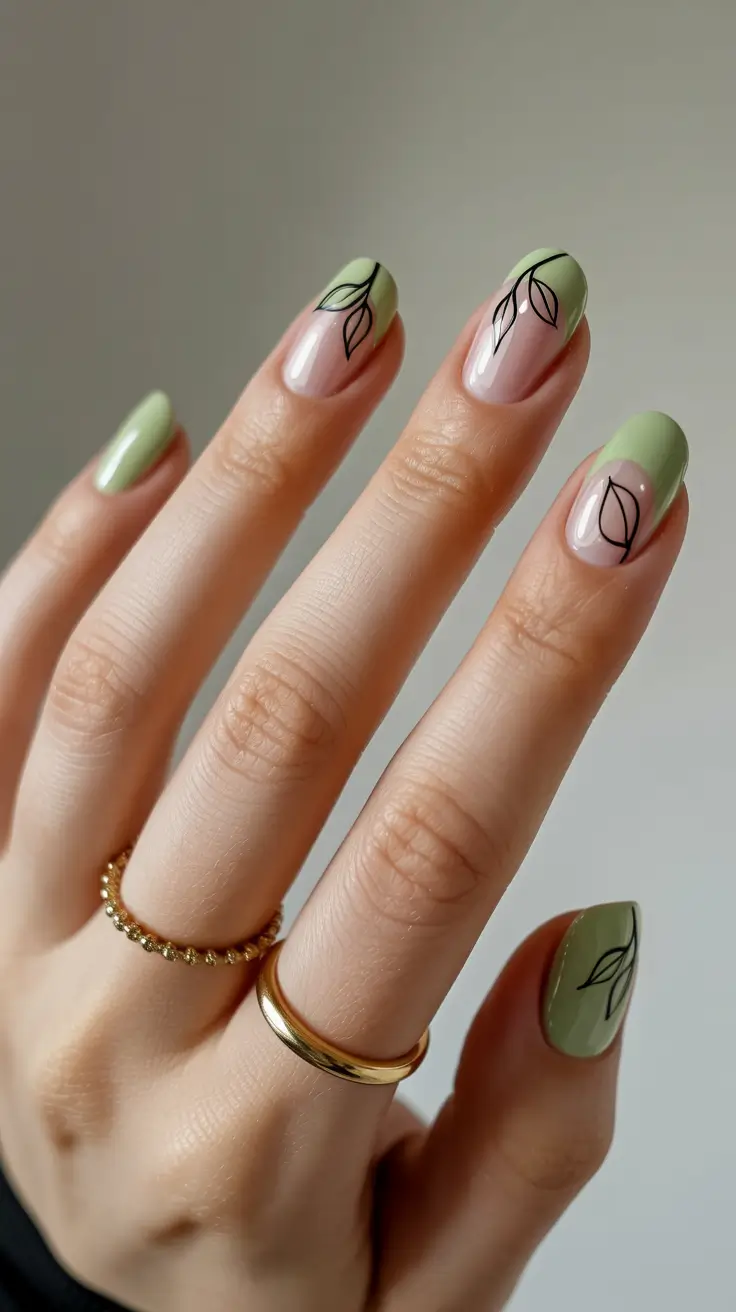Fall Nail Colors for Fair Skin 2025 – Muted Sage with Minimalist Leaf Detail