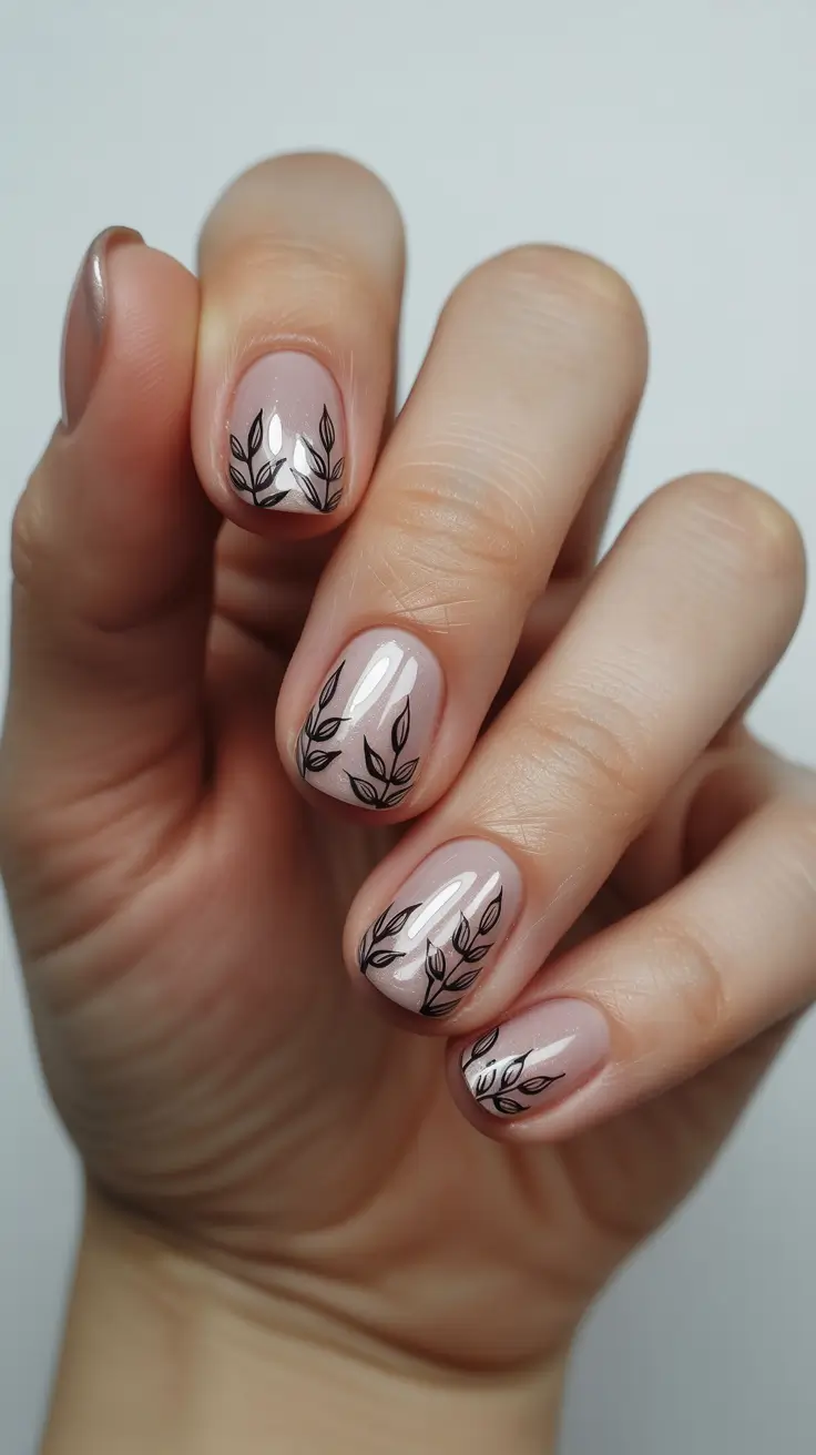 Fall Nail Colors for Fair Skin 2025 – Delicate Nude Base with Tiny Black Leaves