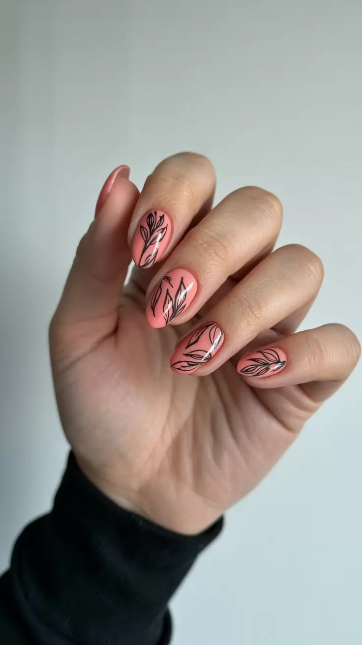 Fall Nail Colors for Fair Skin 2025 – Warm Coral with Flowing Botanical Lines