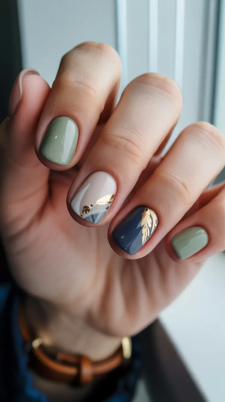 Fall Nail Colors for Fair Skin 2025 – Olive and Navy Accents with Gold Leaf