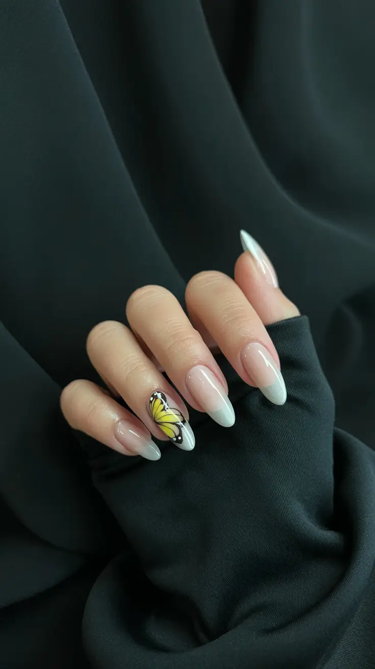 Fall Nail Colors for Fair Skin 2025 – Soft French Fade with Butterfly Accent