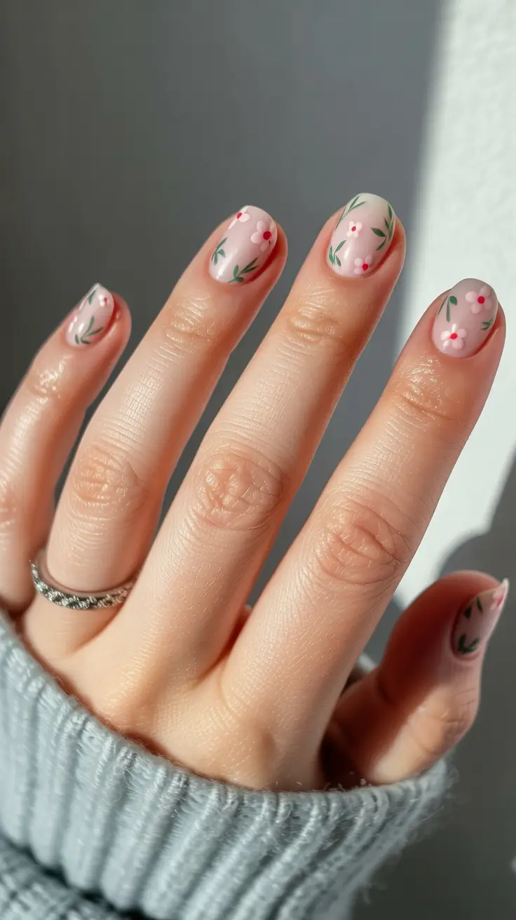 Fall Nail Colors for Fair Skin 2025 – Soft Pink with Tiny Floral Accents
