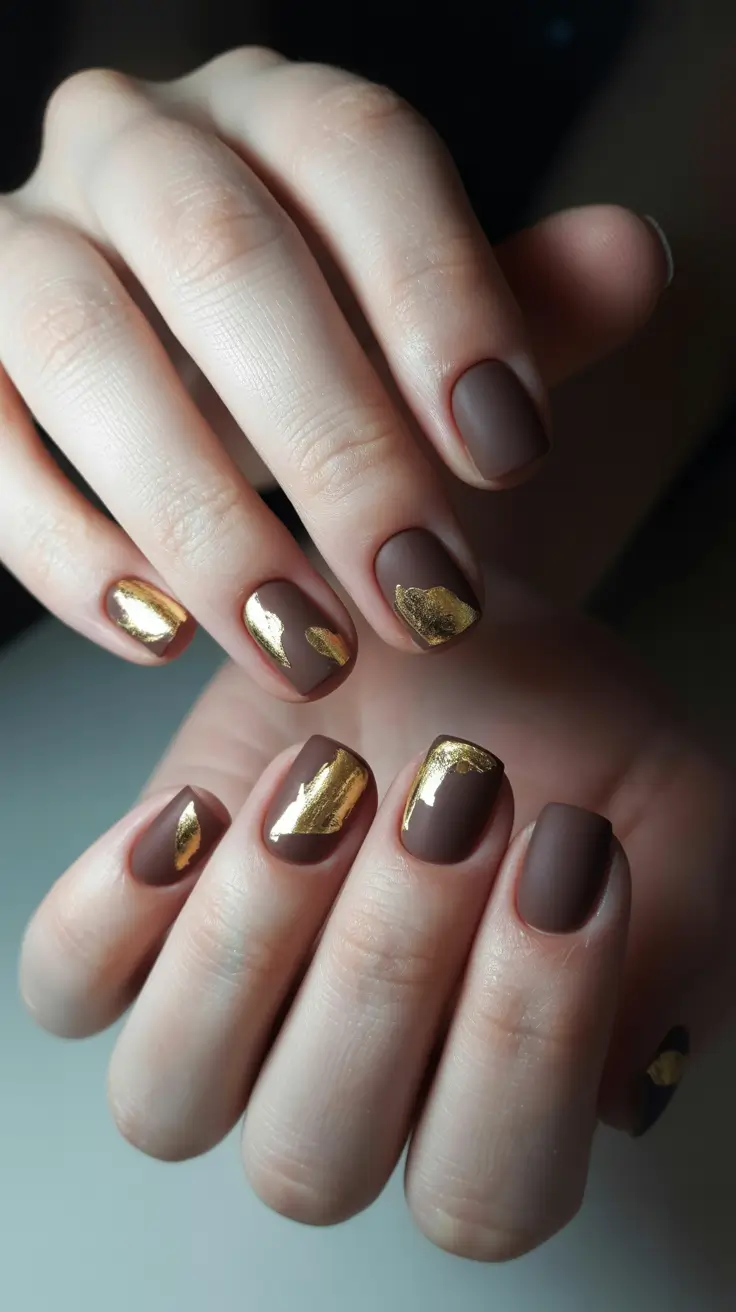 Fall Nail Colors for Fair Skin 2025 – Chocolate Matte with Golden Accents