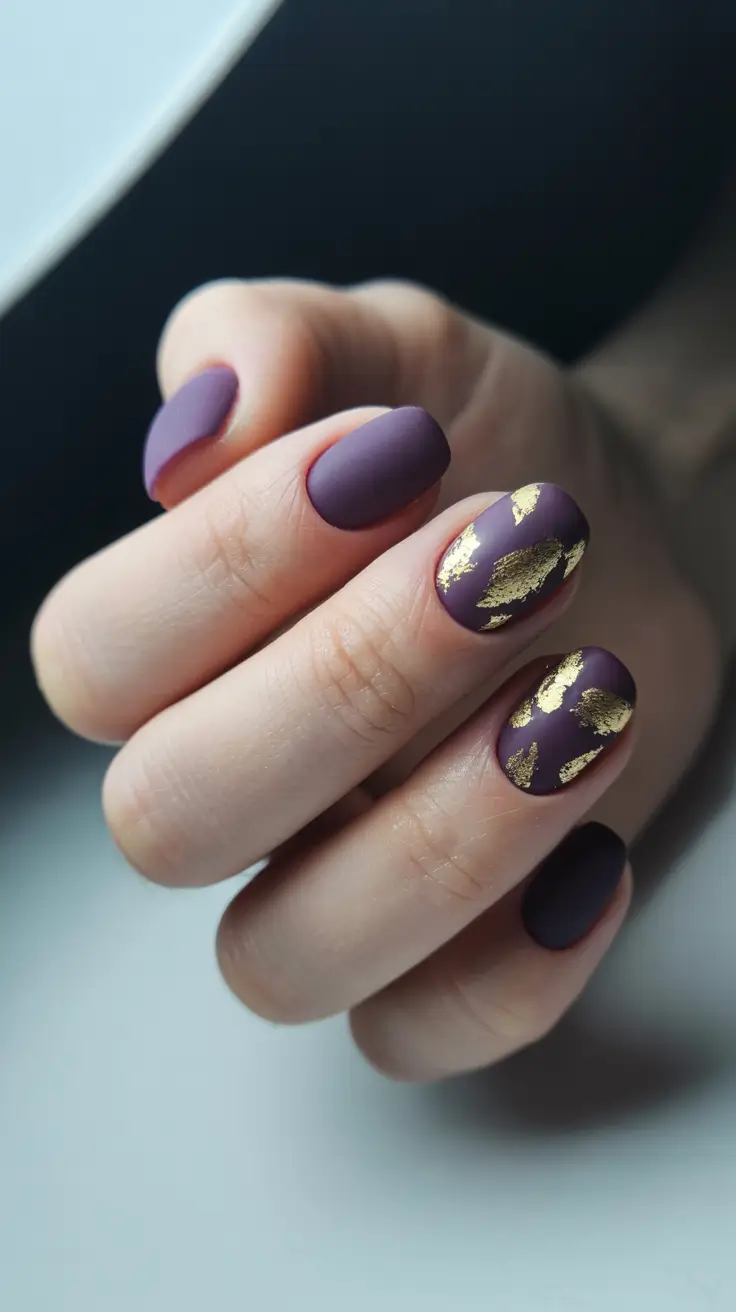 Fall Nail Colors for Fair Skin 2025 – Matte Plum with Gold Leaf Highlights