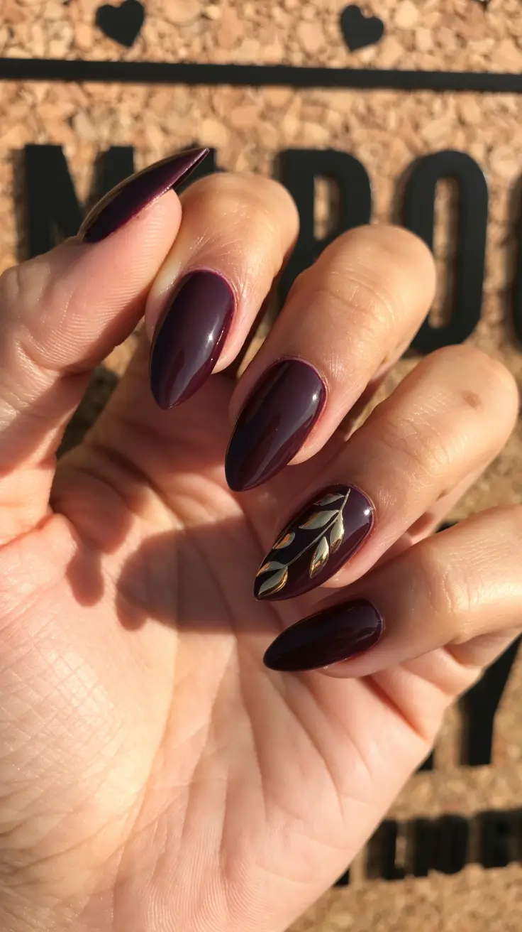 Fall Nail Colors for Fair Skin 2025 – Deep Plum With Golden Leaf Accents