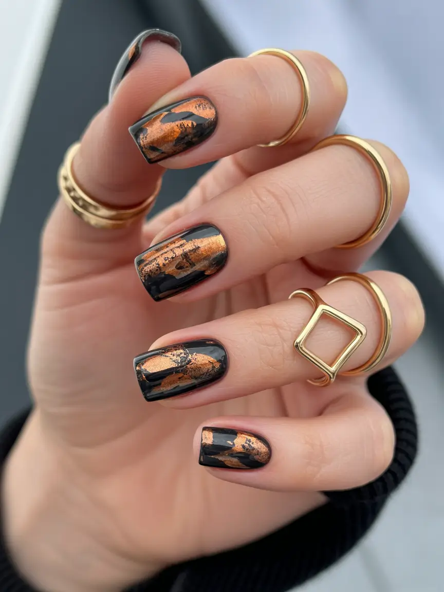 Fall Nail Colors for Fair Skin 2025 – Black and Copper Foil Drama