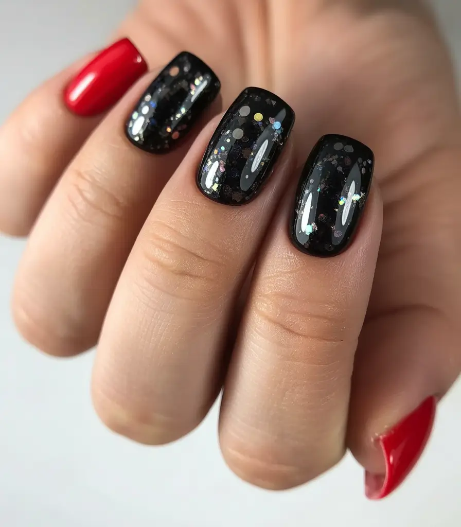 fall-nails-2025-color-trends-to-watch-Red-and-Black-Party-Mix