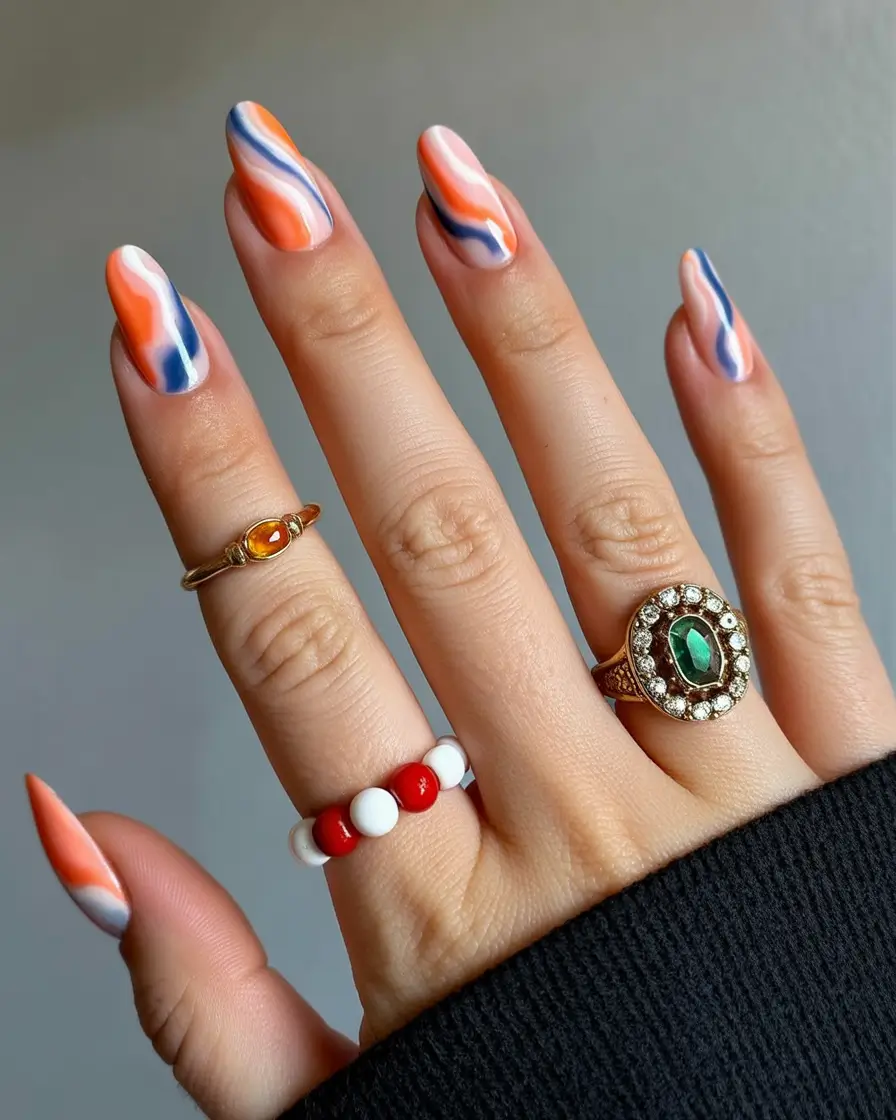 Fall Nails 2025 Retro Swirls Orange Navy