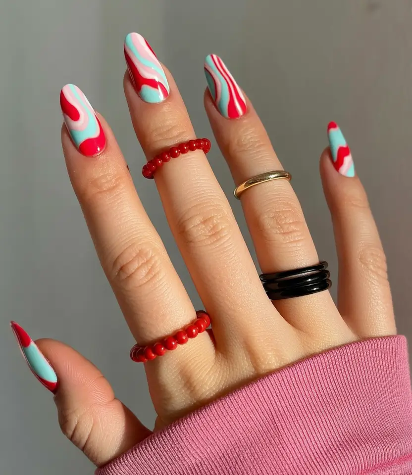 Fall Nails 2025 Candy Swirls Red Aqua