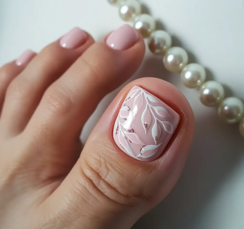Fall pedicure colors Soft Blush With Whimsical White Accents