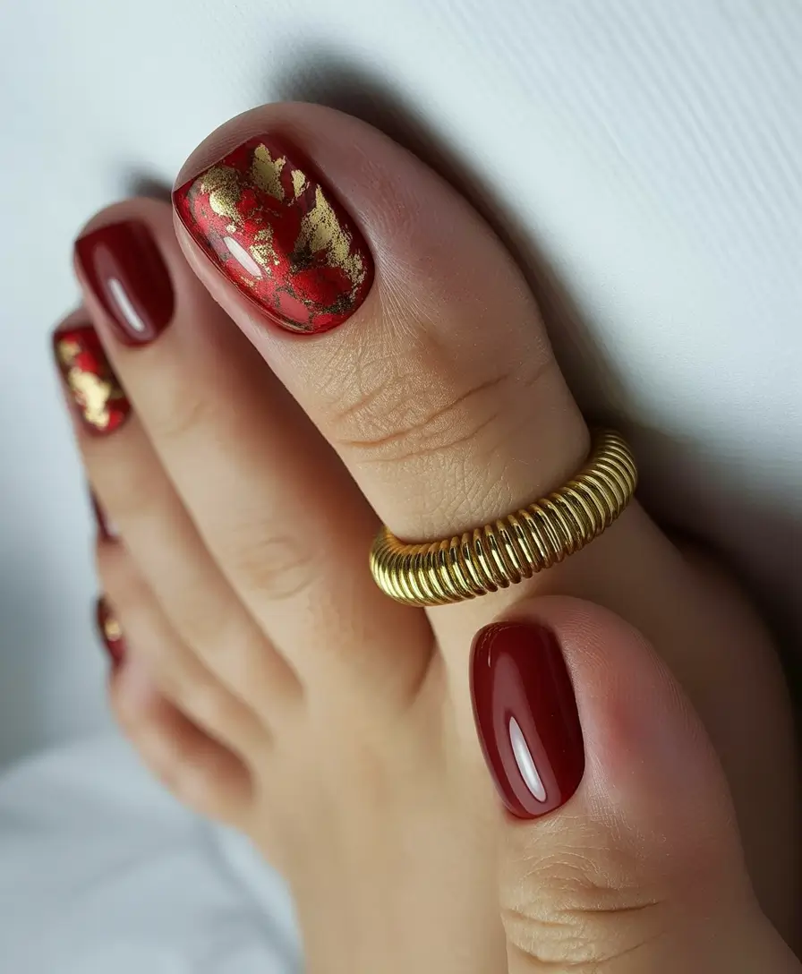 Fall pedicure colors Crimson and Gold Luxe