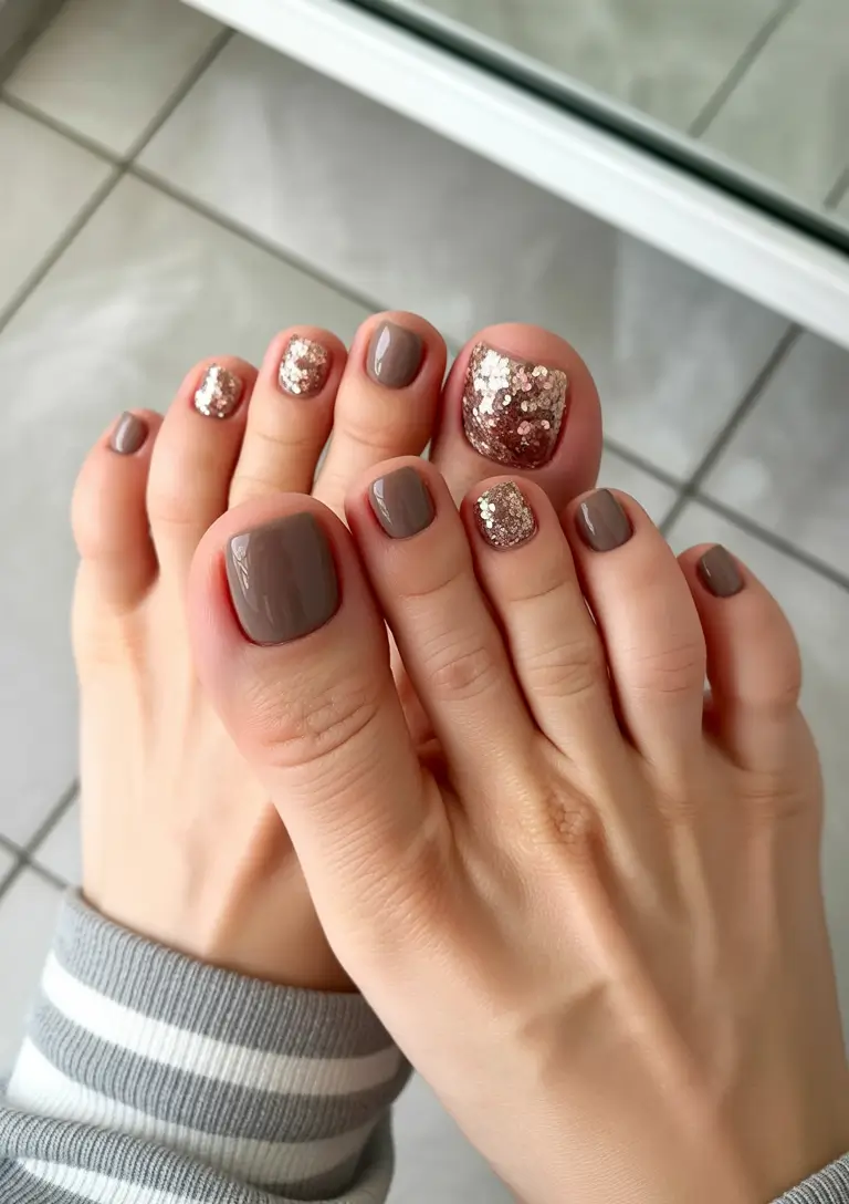 Fall pedicure colors Smoky Taupe with Champagne Glitter Accents