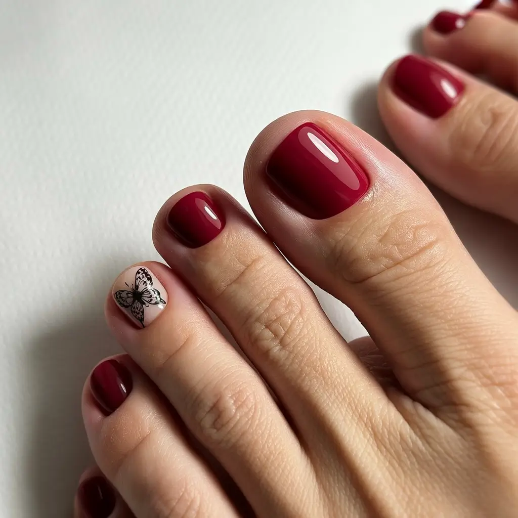 Fall pedicure colors Cranberry Gloss with Delicate Butterfly Accent