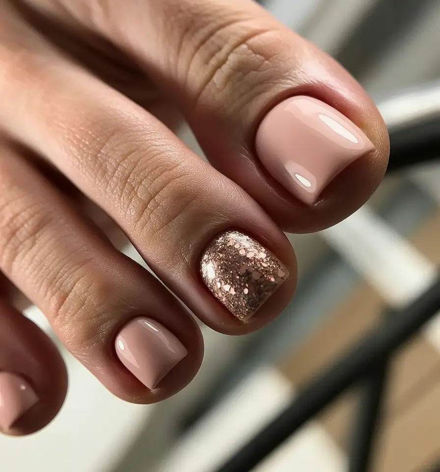 Fall pedicure colors Blush Nude with Rose-Gold Sparkle