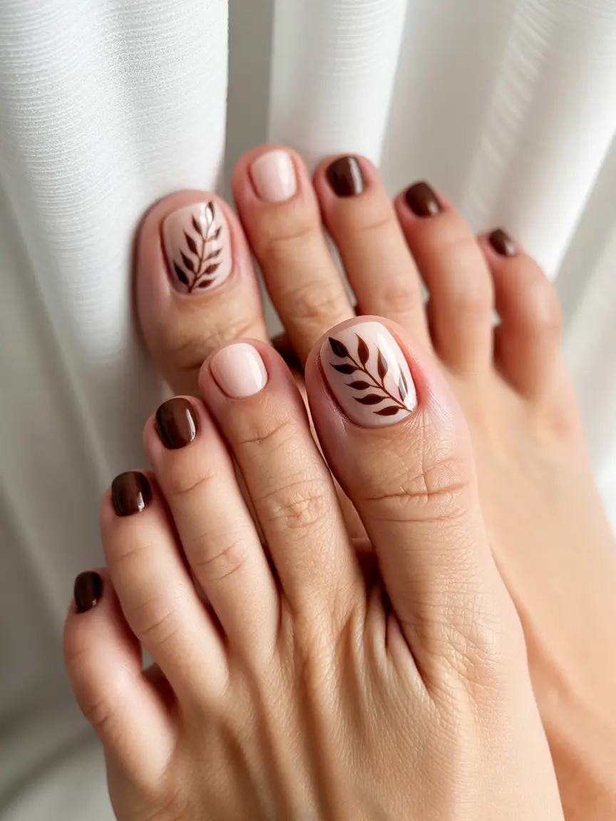Fall pedicure colors Two-Tone Mocha with Botanical Art