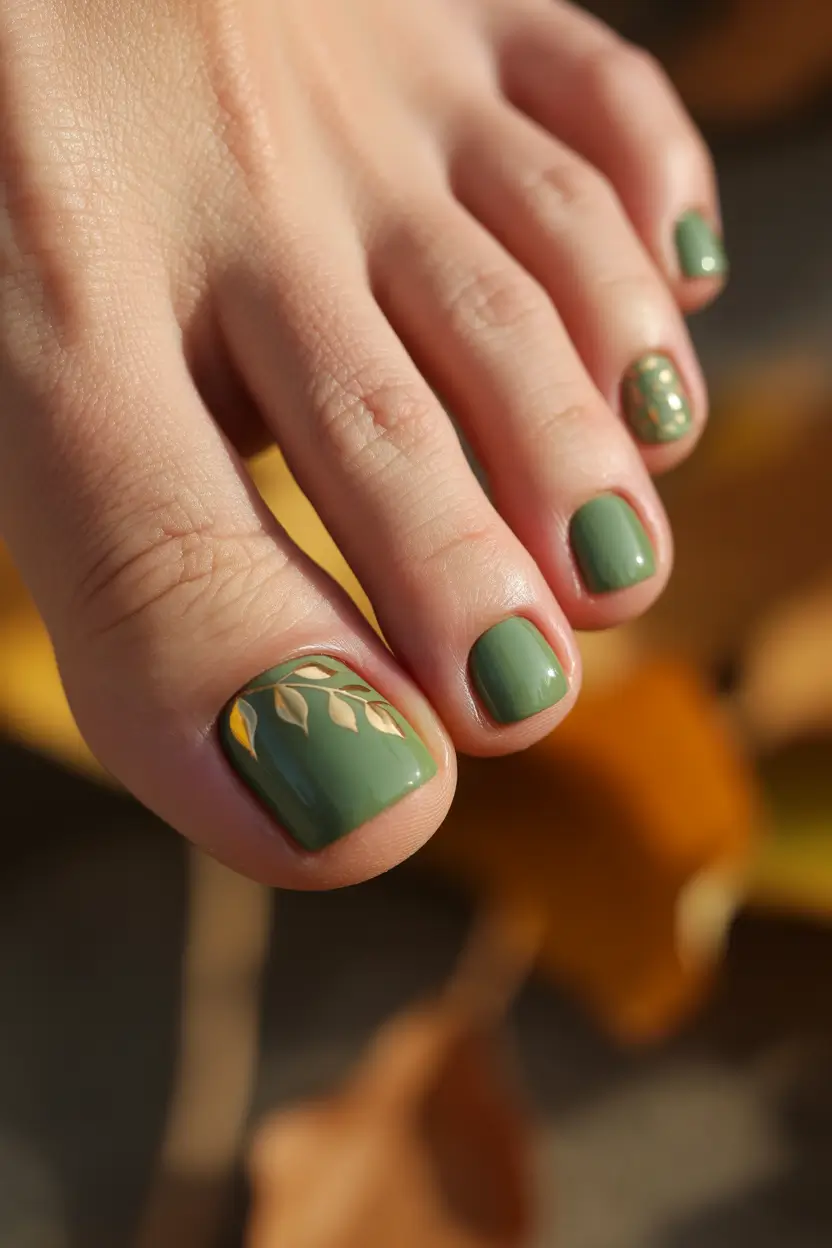 Fall pedicure colors Moss Green with Golden Leaves