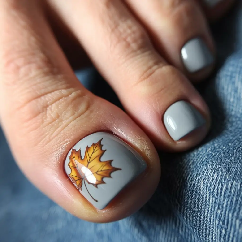 Fall pedicure colors Cool Grey with Autumn Leaf Accent
