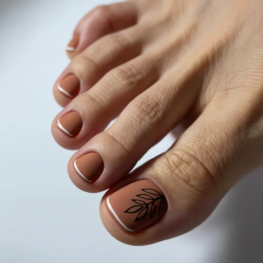 Fall pedicure colors Matte Burnt Caramel with Minimalist Leaf