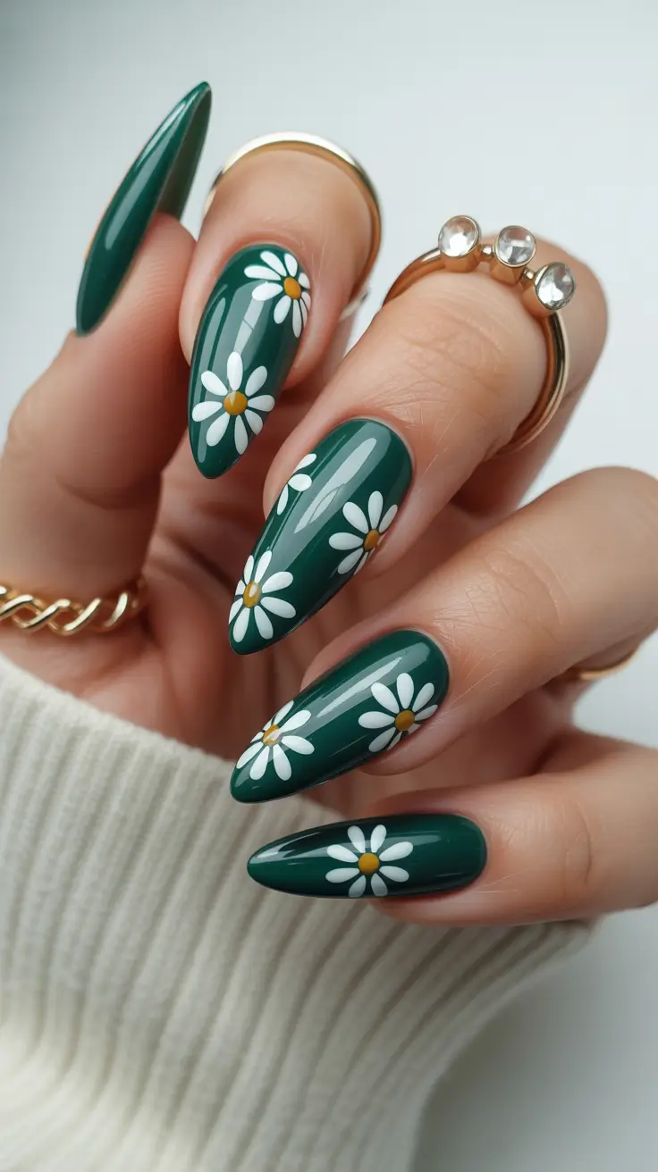 Fall Stiletto-Shaped Nail Ideas 2025 Emerald Daisy Garden