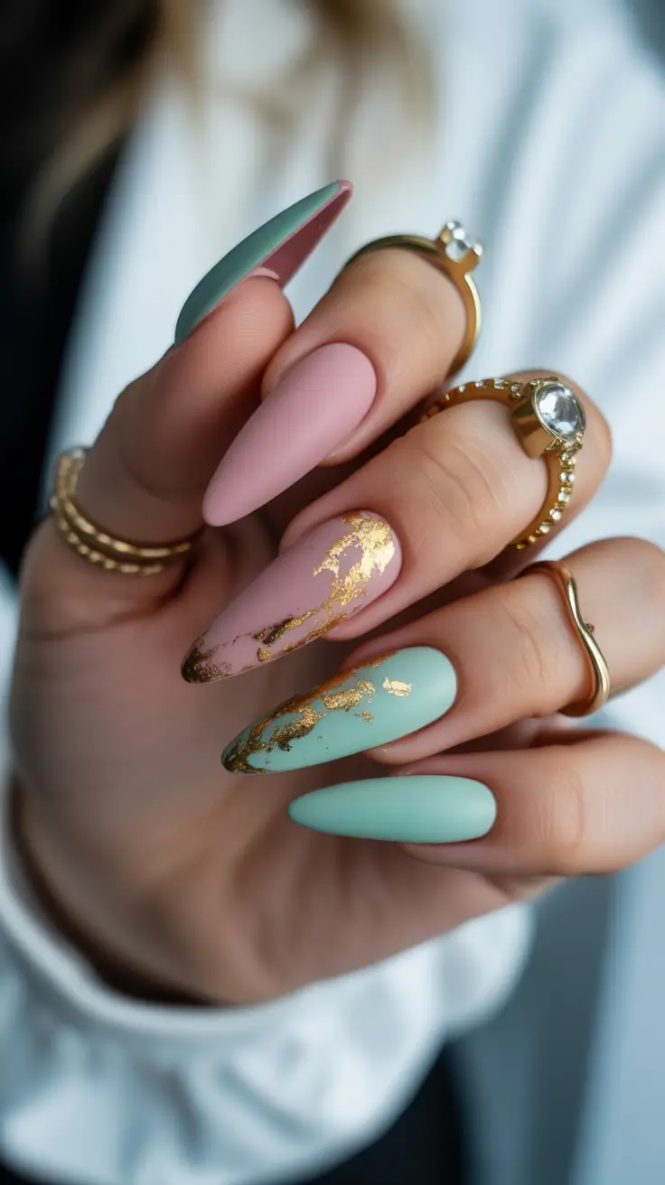 Fall Stiletto-Shaped Nail Ideas 2025 Pastel Sage and Blush with Gold Leaf