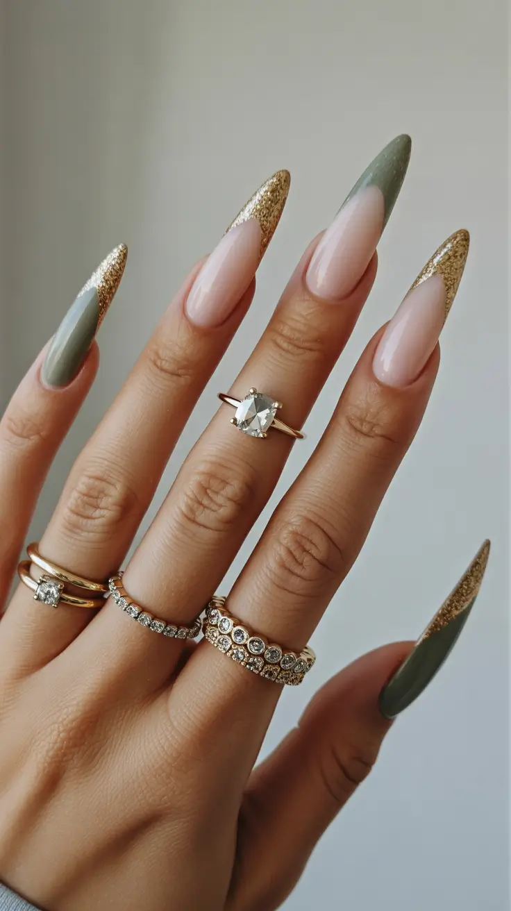 Fall Stiletto-Shaped Nail Ideas 2025 Olive and Gold French Twist
