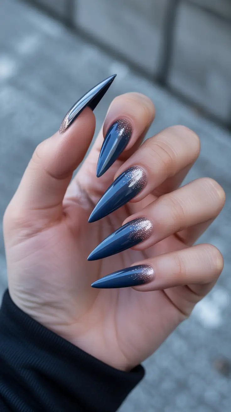 Fall Stiletto-Shaped Nail Ideas 2025 Midnight Blue with Rose Gold Spark