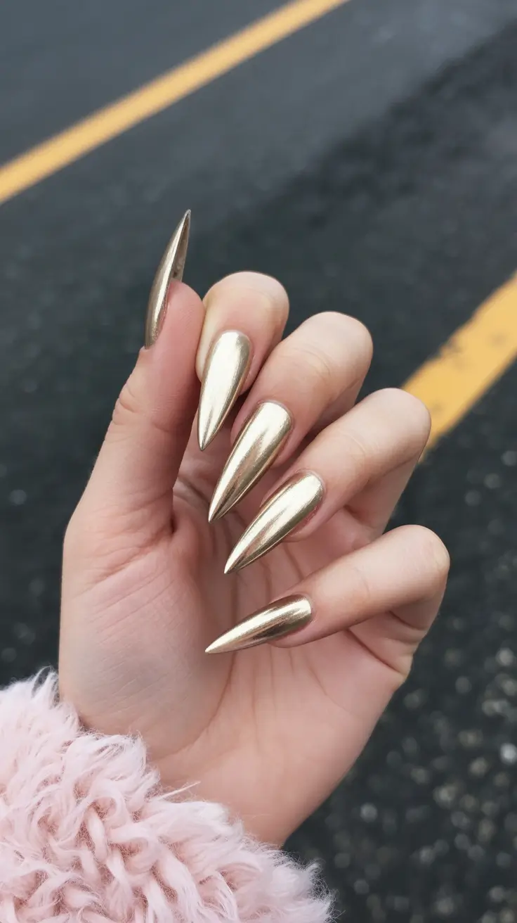 Fall Stiletto-Shaped Nail Ideas 2025 Full Metal Glam