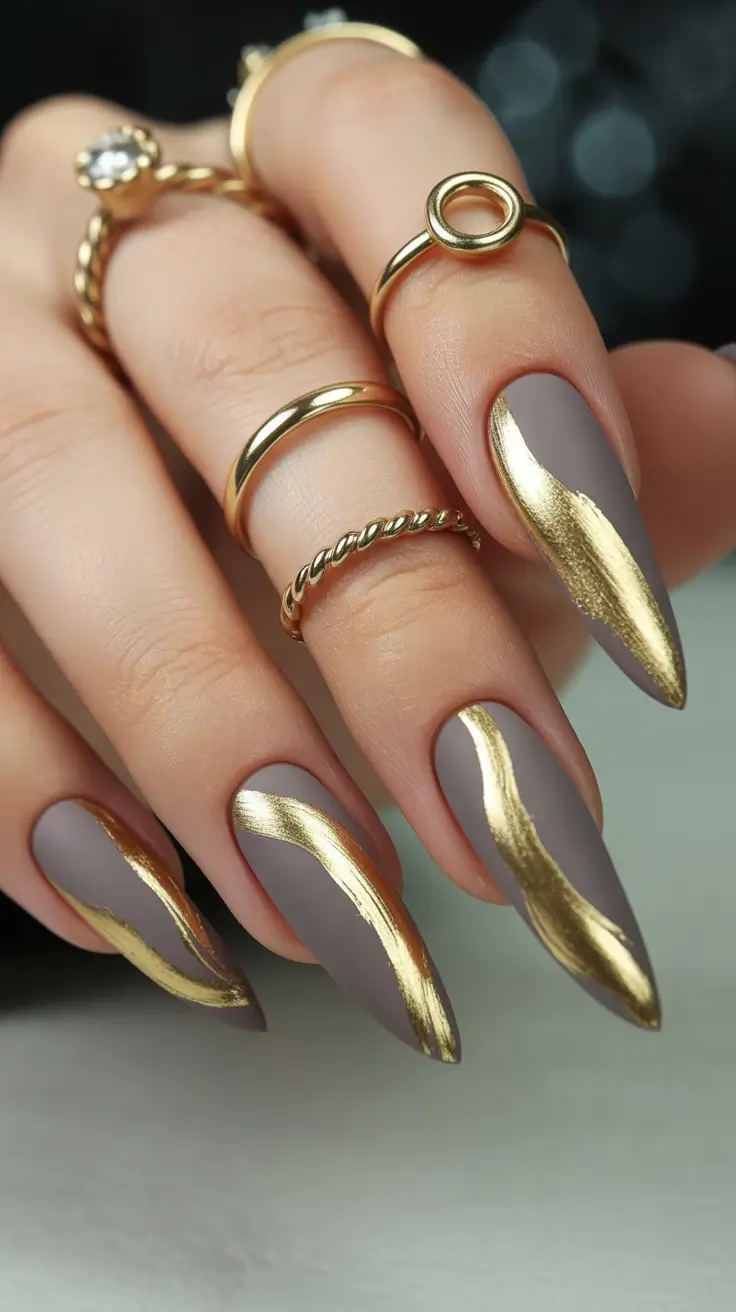 Fall Stiletto-Shaped Nail Ideas 2025 Velvet Matte with Gilded Edges
