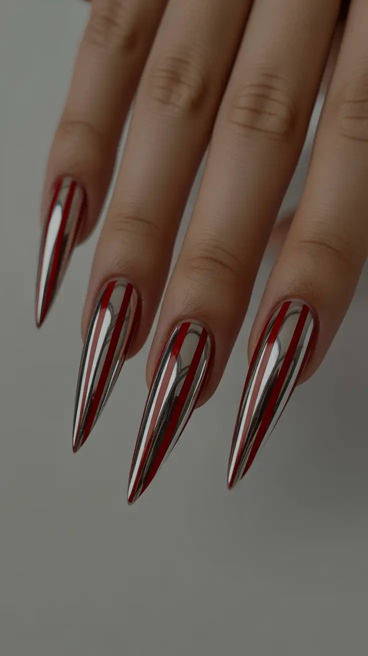Fall Stiletto-Shaped Nail Ideas 2025 Red Chrome Stripes