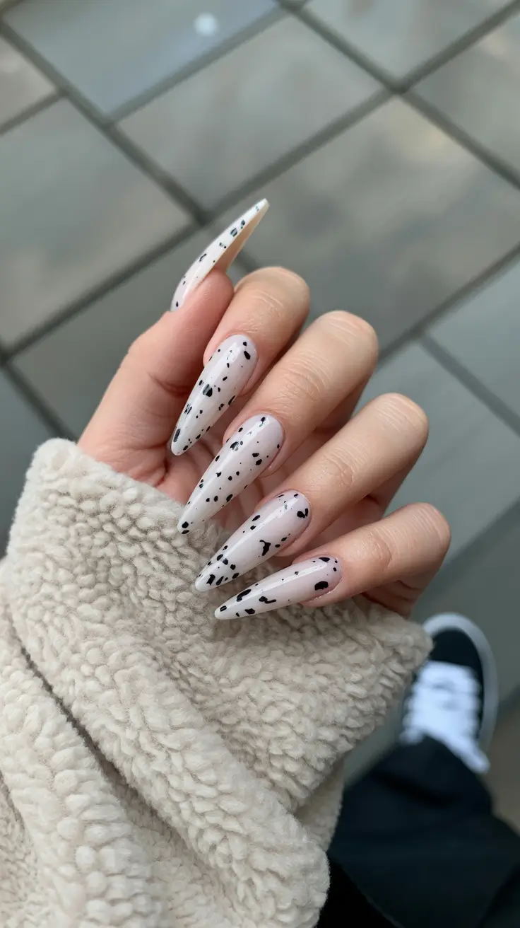Fall Stiletto-Shaped Nail Ideas 2025 Frosted Dalmatian