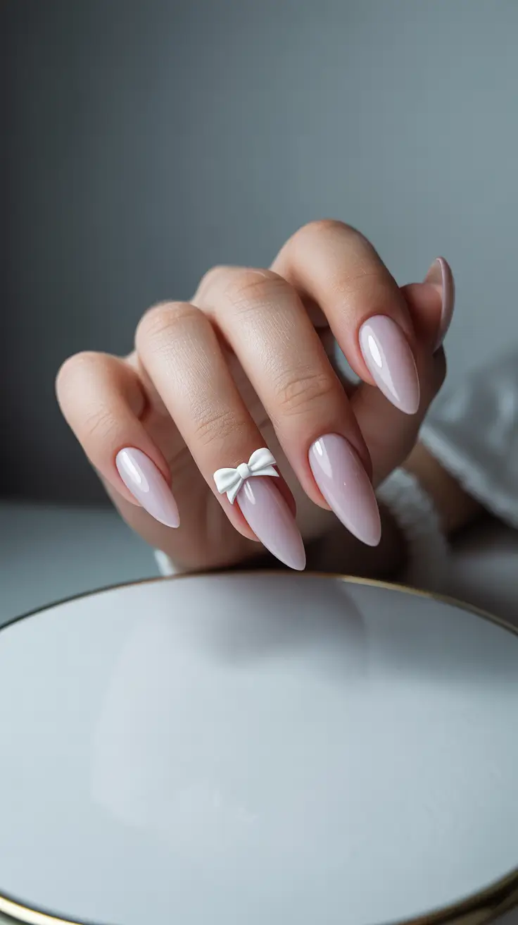 Fall Stiletto-Shaped Nail Ideas 2025 Soft Blush with a Sweet Detail
