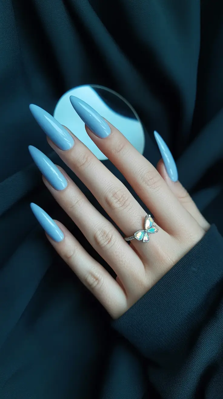 Fall Stiletto-Shaped Nail Ideas 2025 Frosted Sky Blue Statement
