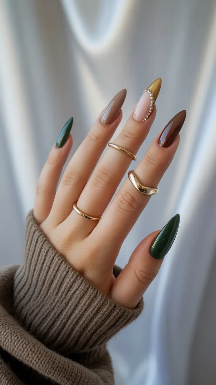 Fall Stiletto-Shaped Nail Ideas 2025 Autumn Jewel-Tone Mix