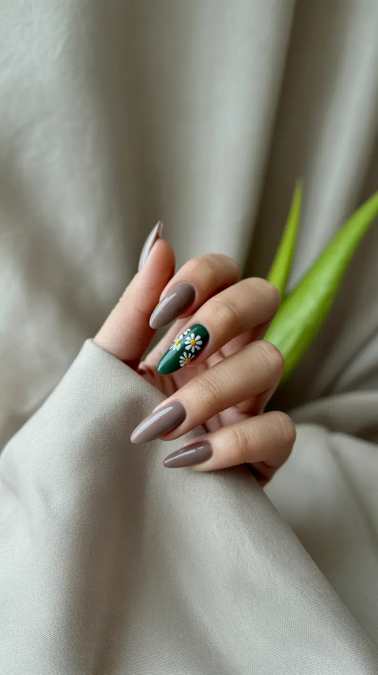 Fall Stiletto-Shaped Nail Ideas 2025 Muted Green Accent Bloom