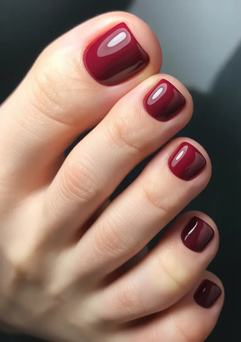 Fall Toe Nail Designs and Ideas 2025+Merlot Red With Glassy Shine