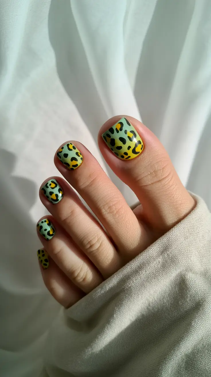 Fall Toe Nail Designs and Ideas 2025+Yellow-to-Mint Leopard Gradient