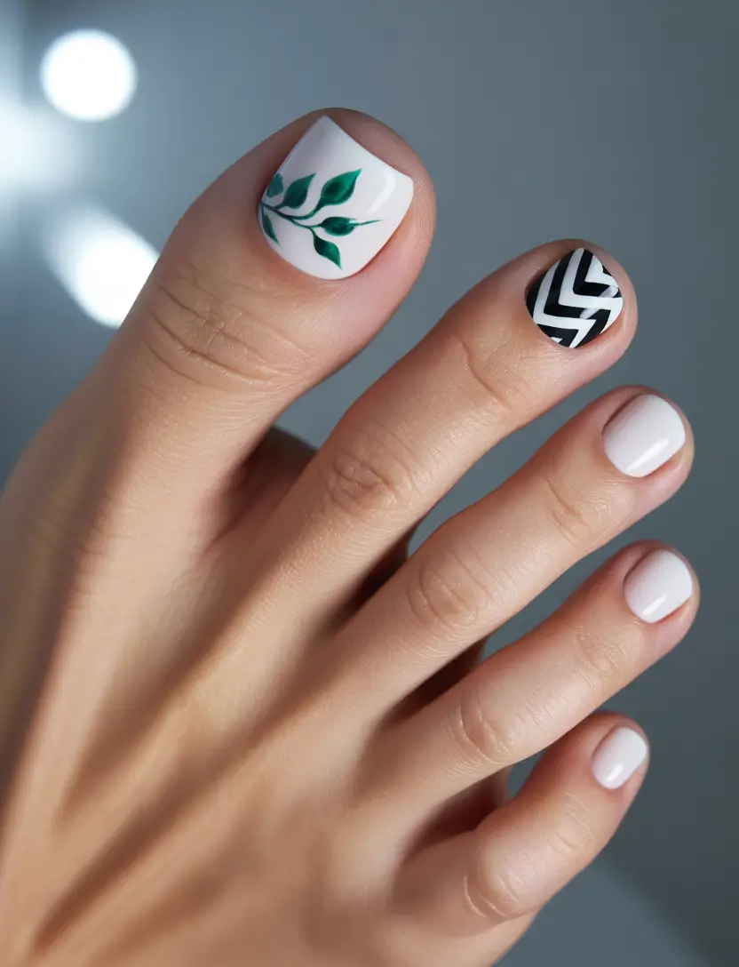 Fall Toe Nail Designs and Ideas 2025+Minimal Botanical & Monochrome Chevron