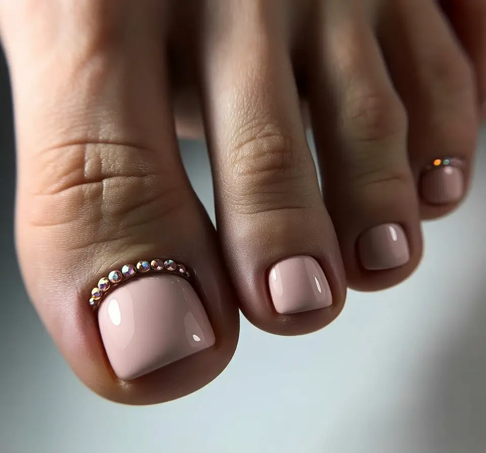 Fall Toe Nail Designs and Ideas 2025+Blush Nude With Delicate Rhinestone Halo