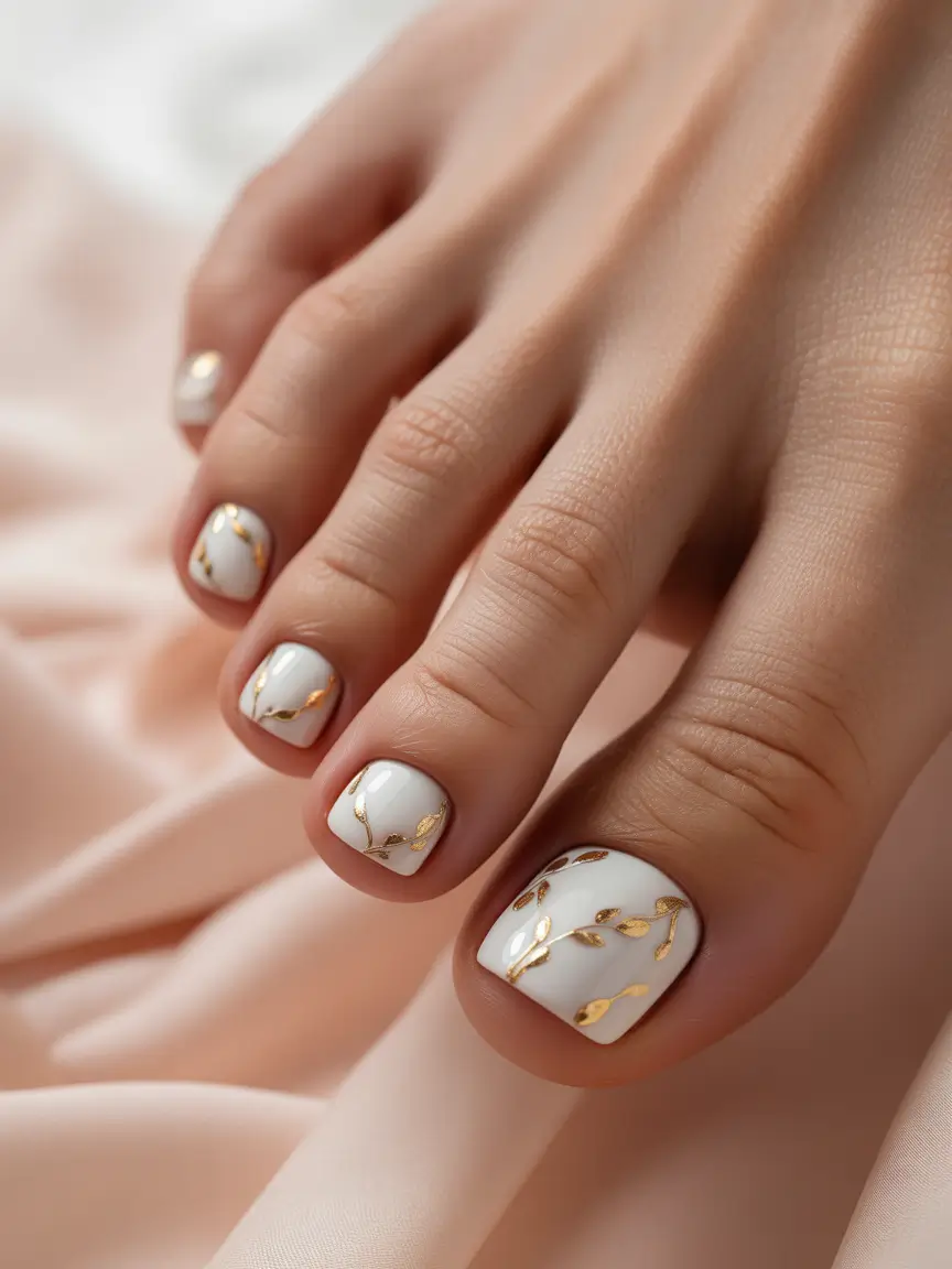 Fall Toe Nail Designs and Ideas 2025+White Porcelain With Gold Leaf Vines