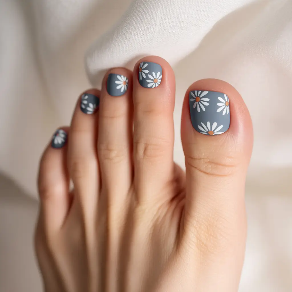 Fall Toe Nail+Matte Slate & Daisies: Cozy Cottagecore With an Edge