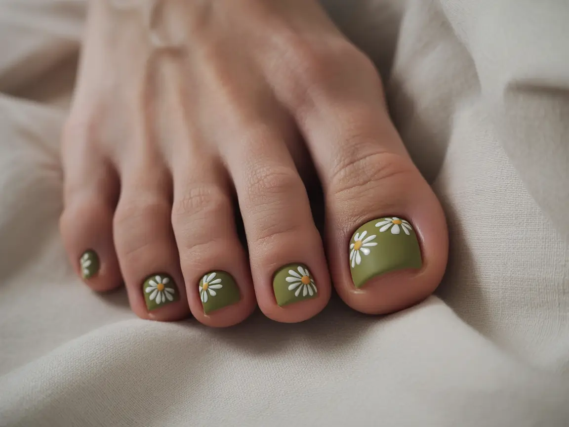 Fall Toe Nail+Earthy Green With Daisy Accents: Grounded and Playful