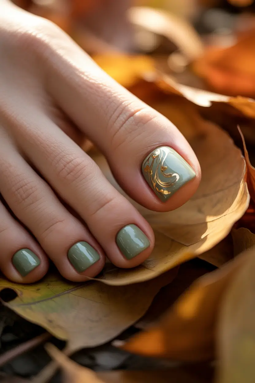 Fall Toe Nail Designs and Ideas 2025+Olive Swirl With Gold Leafing
