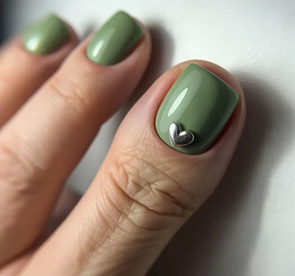 Fall Toe Nail+Sage Green & Silver Heart: Minimalism With a Tender Touch