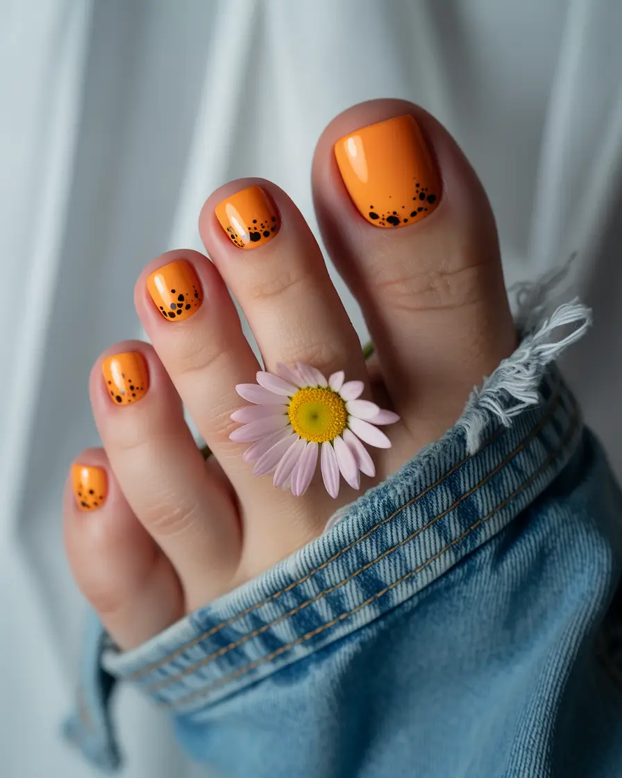 Fall Toe Nail Designs and Ideas 2025+Orange Pop With Playful Speckled Detail