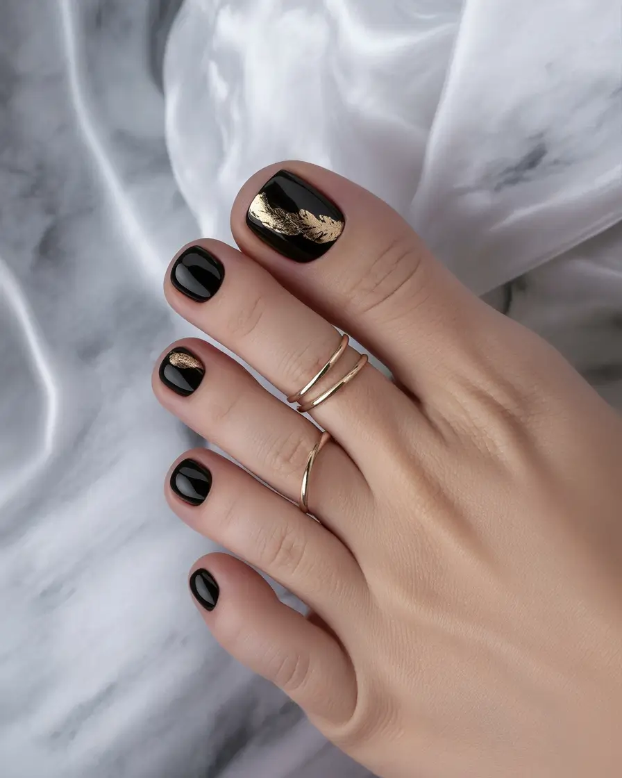 Fall Toe Nail Designs and Ideas 2025+Midnight Black With Foiled Gold Touch