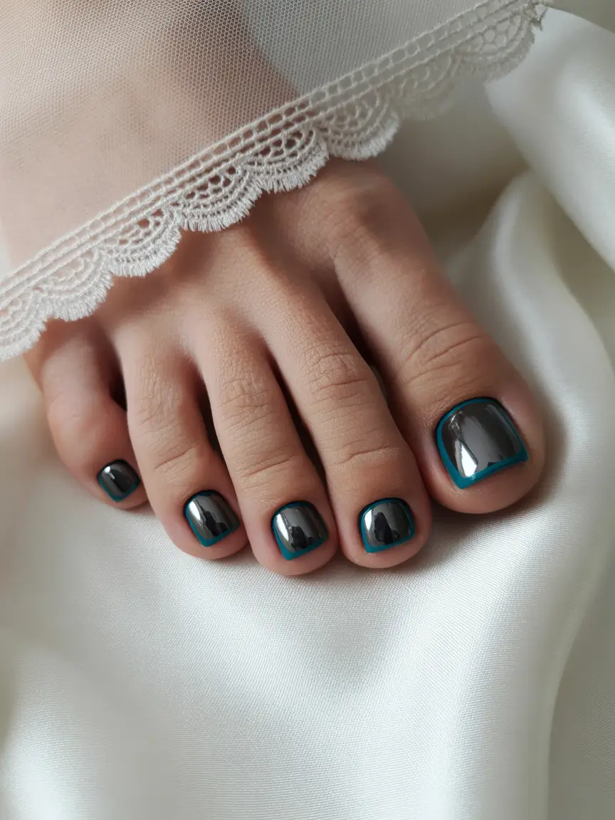 Fall Toe Nail Designs and Ideas 2025+Gunmetal Mirror With Teal Edge