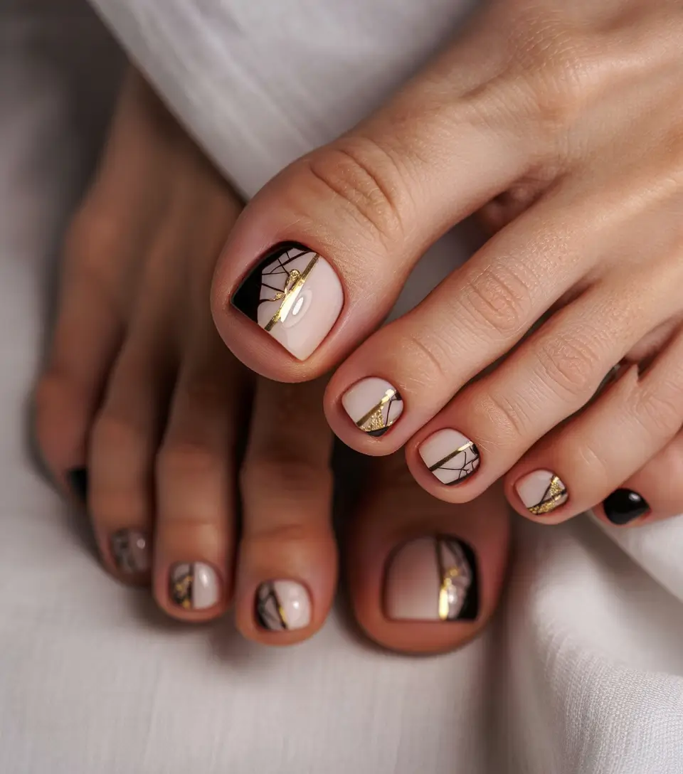 Fall Toe Nail Designs and Ideas 2025+Modern Art Deco Neutrals With Metallic Accents