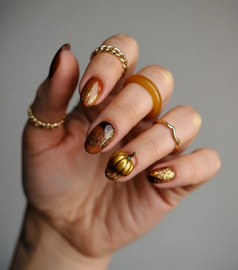 Glamorous Gold Fall Nails 2025 Golden Pumpkin Charm